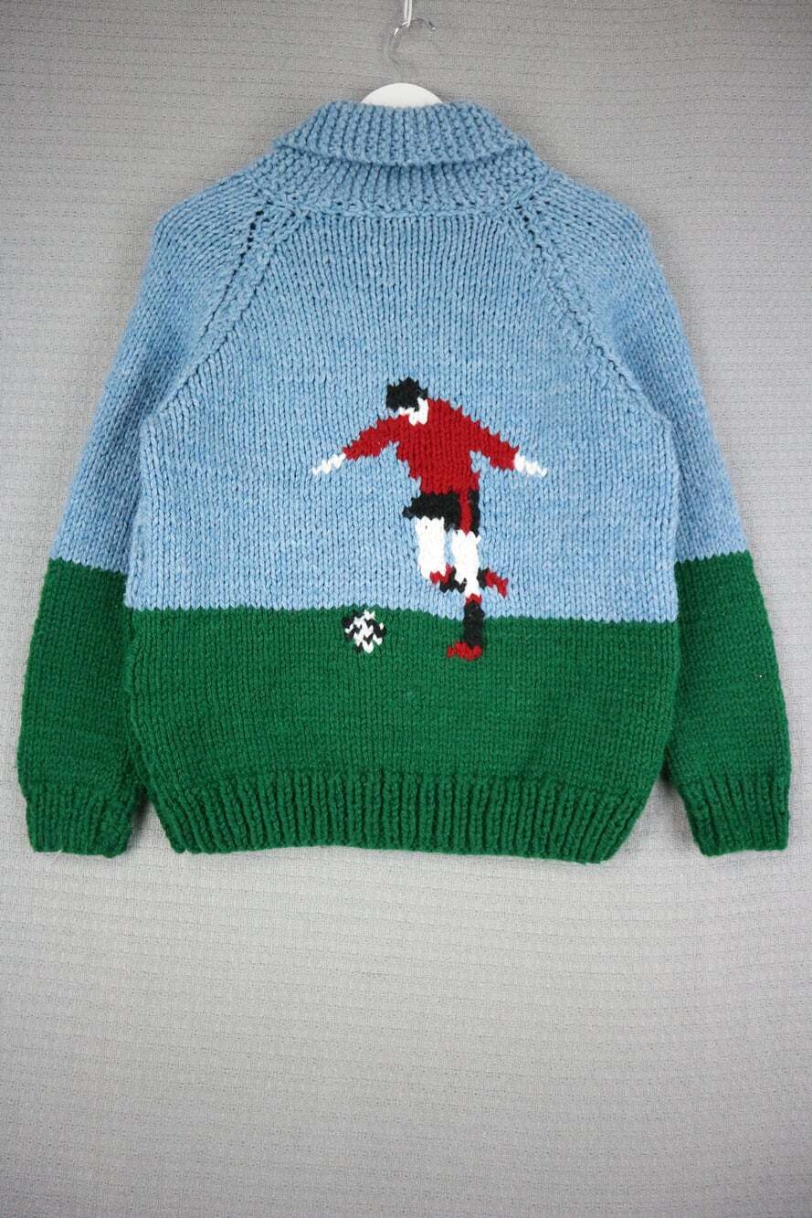 Vintage 1990s Thick Knit Zip Up Jacket Soccer Motif Youth Large